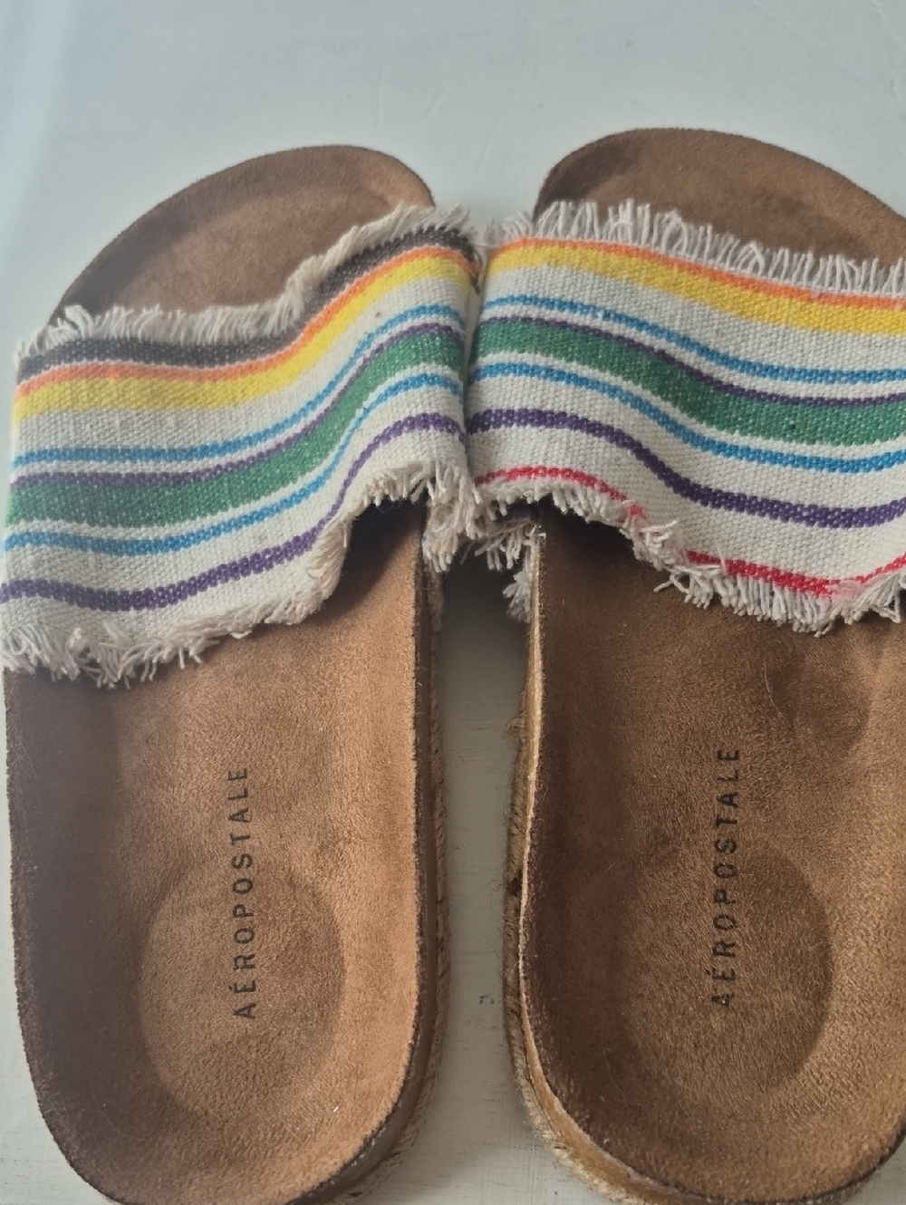 Aeropostale Womens Striped Fringe Slide Sandals - Rainbow
